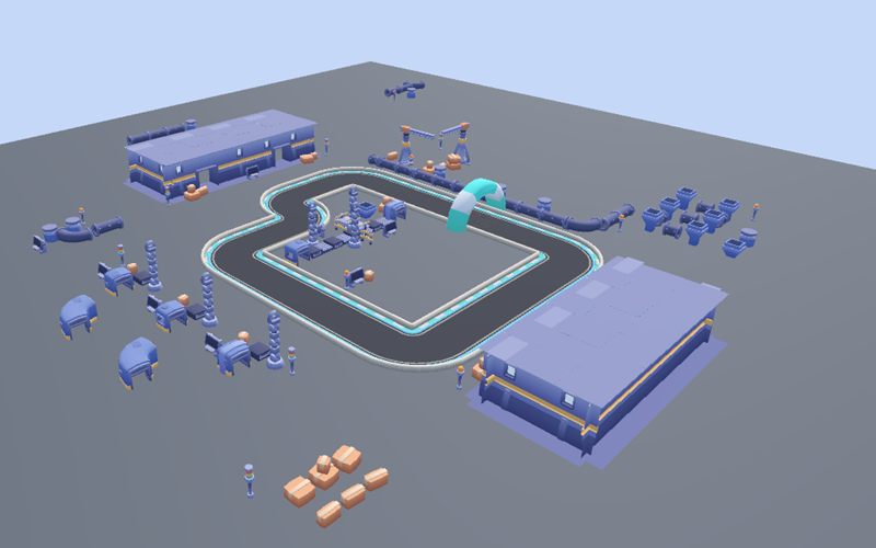 Top view of the Factory Zone map: a race track between warehouses, pipes and machines