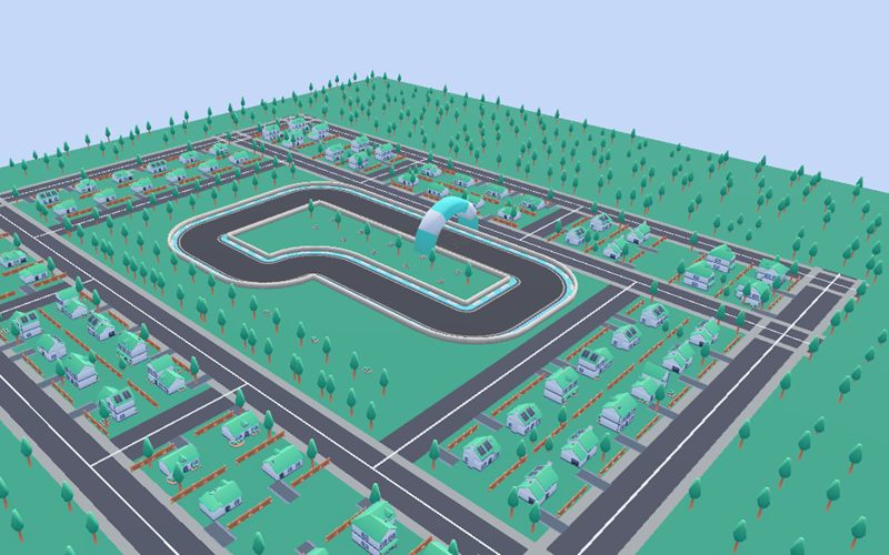 Top view of the City Road map: a race track inside a green neighborhood with houses and trees